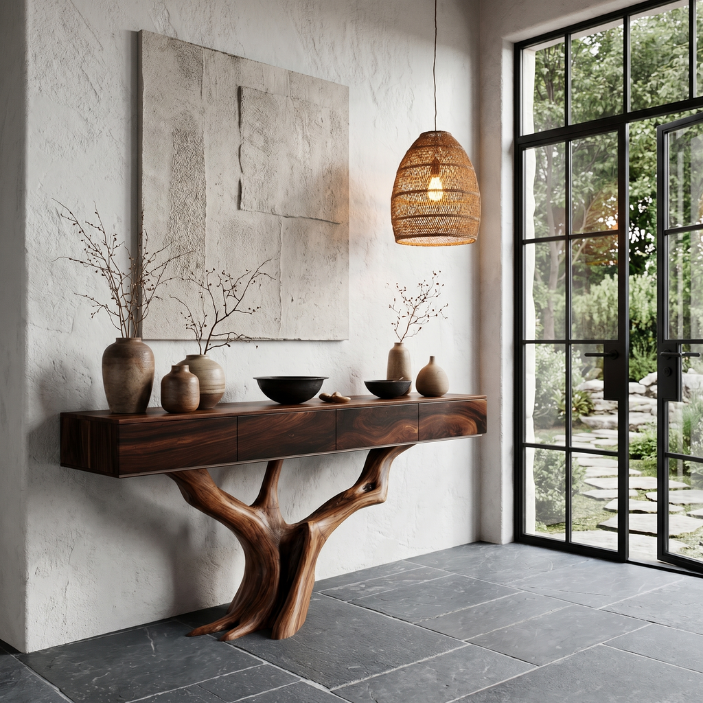 Rustic Live Edge Console Table With Sculptural Tree Branch Base For Entryway And Living Room - view 7 of 8