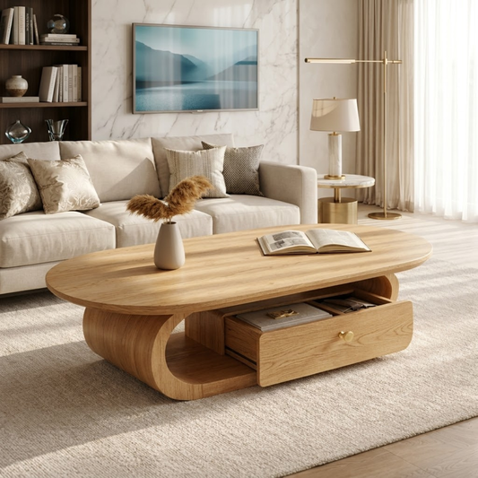 Wooden Coffee Table with Storage Drawer and Curved Modern Design - view 1 of 7