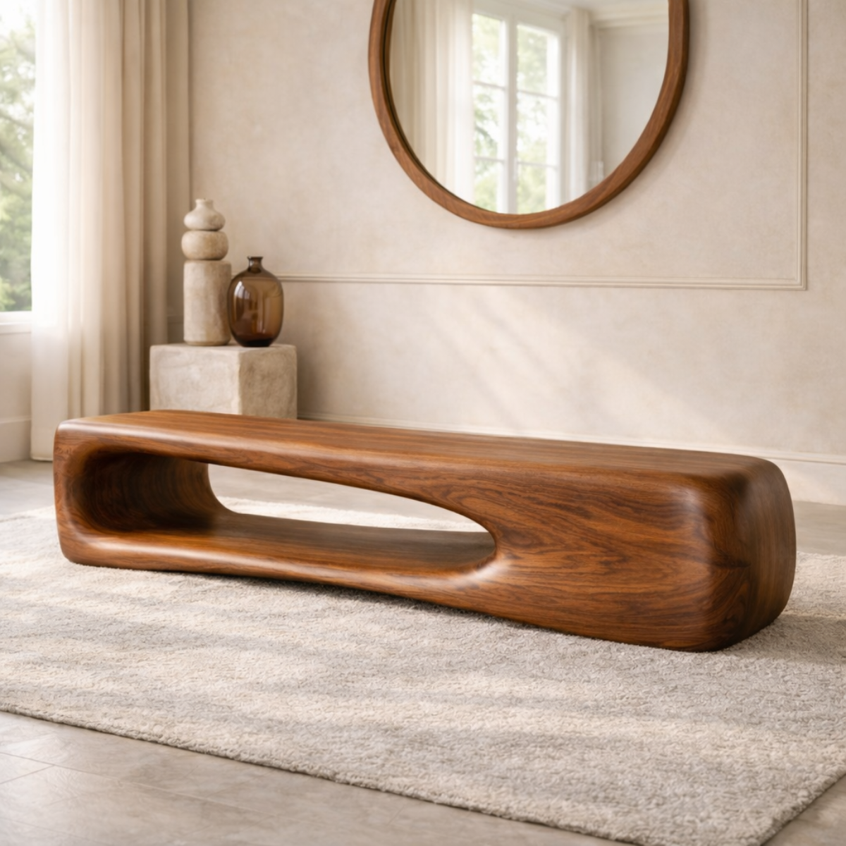 Modern Sculptural Wooden Entryway Bench, Curved Minimalist Hallway Seating Decor - view 2 of 7