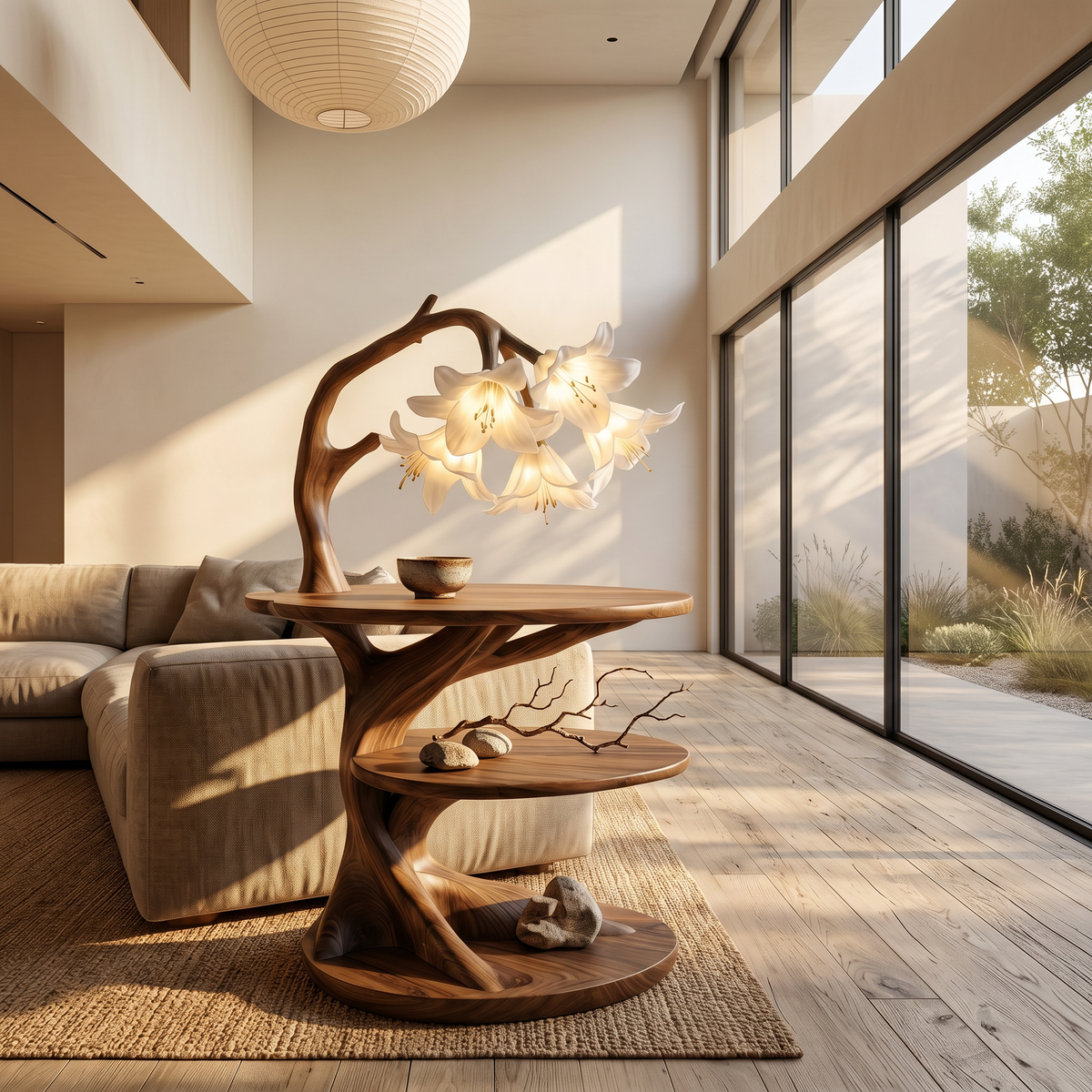 Rustic Side Table With Flower Shade Lamp For Bedroom And Living Room - view 3 of 8