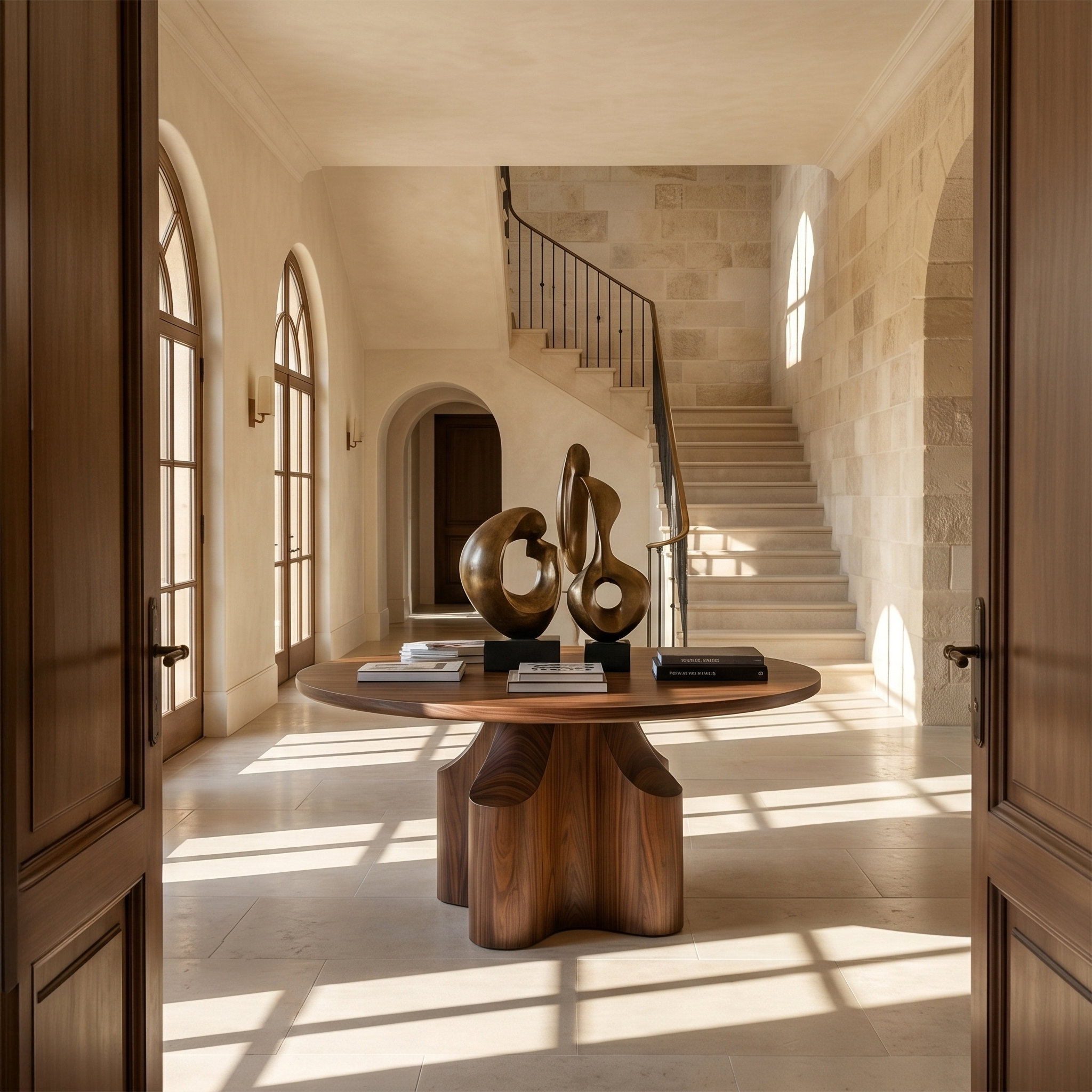 Contemporary Foyer Table With Sculptural Solid Wood Pedestal Base For Entryway And Hallway - view 3 of 8