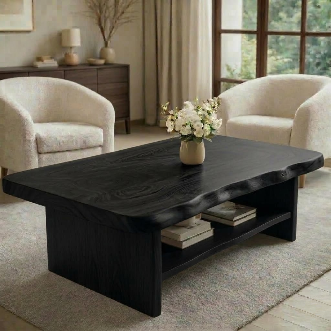 Solid Wood Coffee Table for Living Room with Live Edge Top and Storage Shelf - view 5 of 9