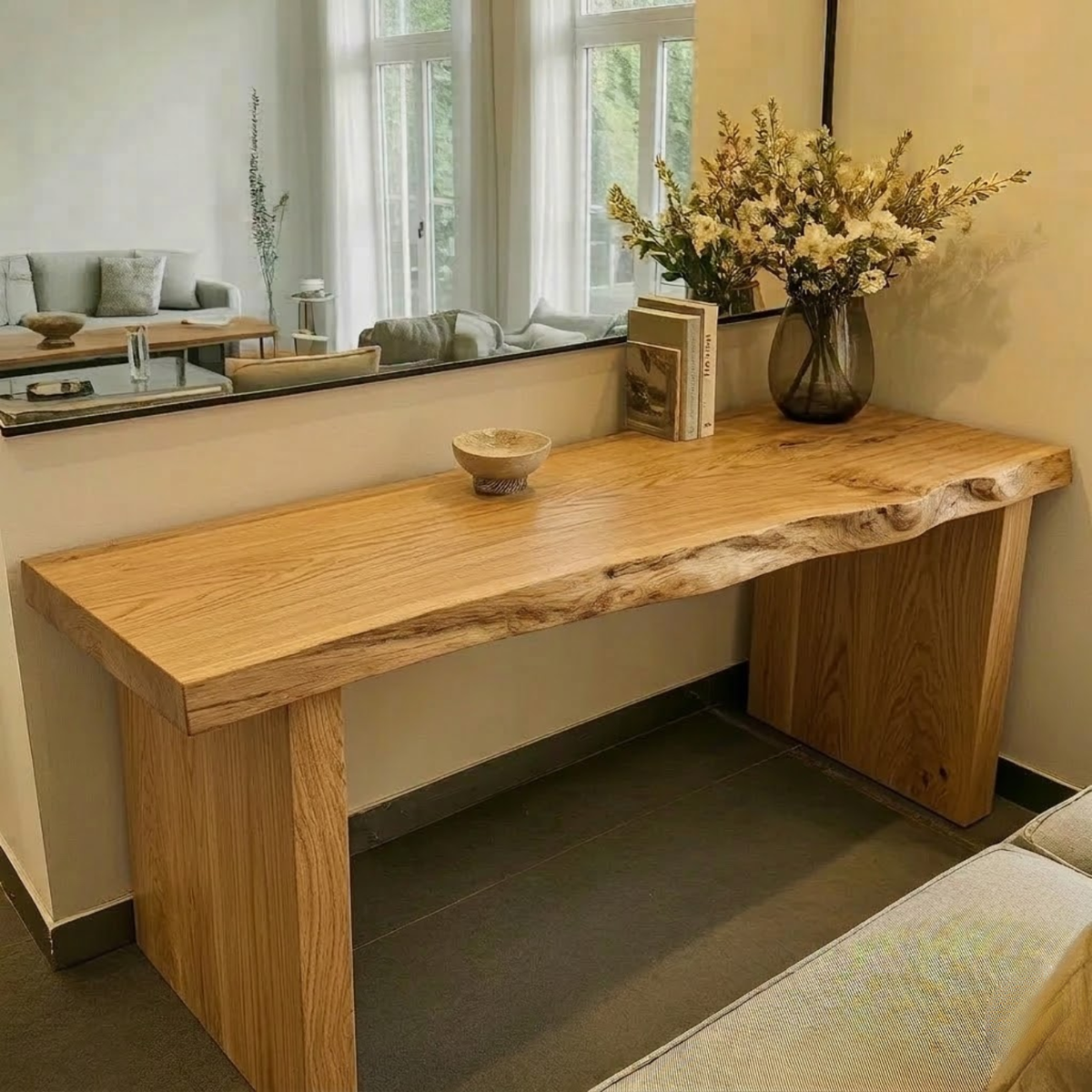 Solid Wood Console Table with Live Edge Top and Simple Block Base - view 3 of 9