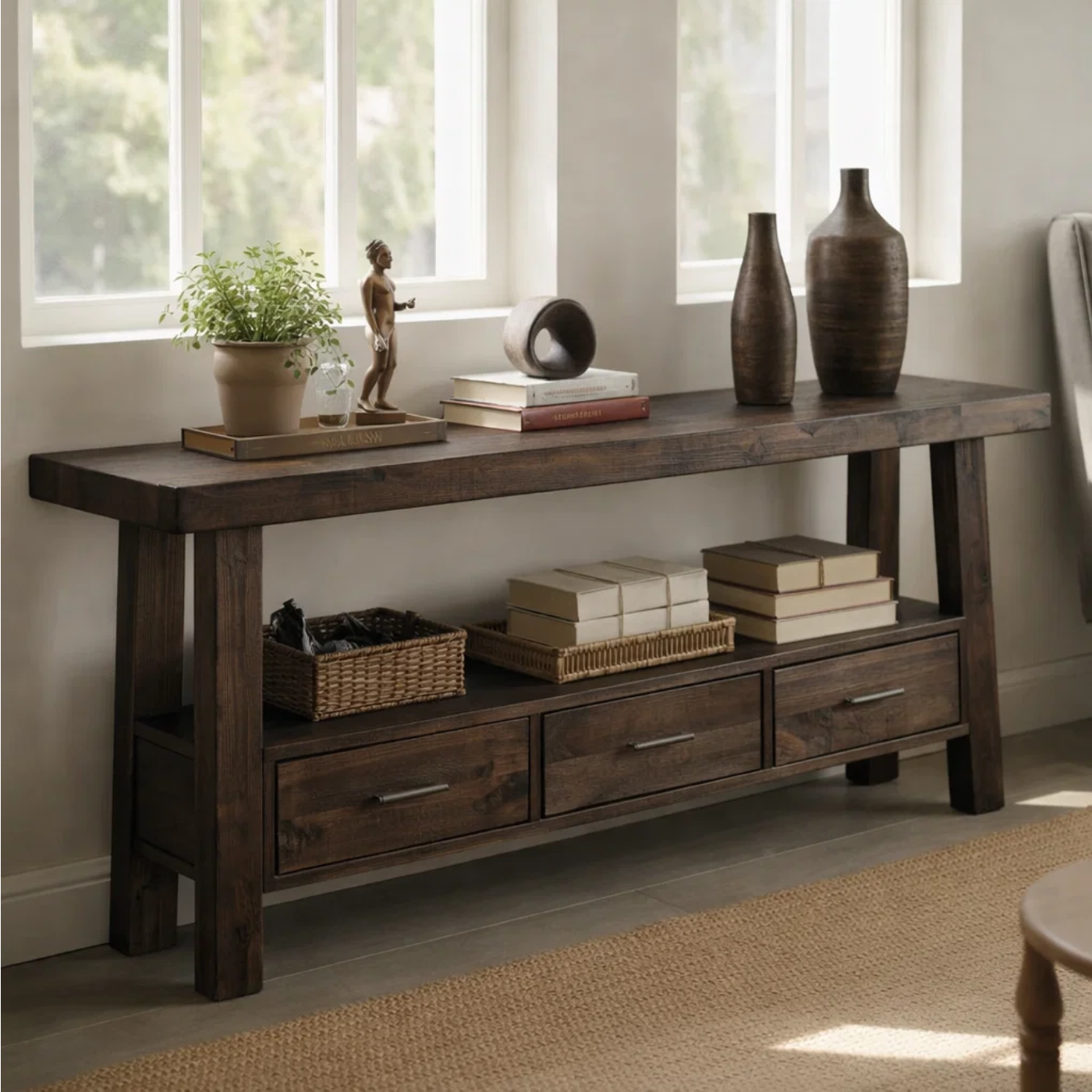 Solid Wood Console Table for Living Room with 3 Drawers and Open Shelf - view 4 of 9