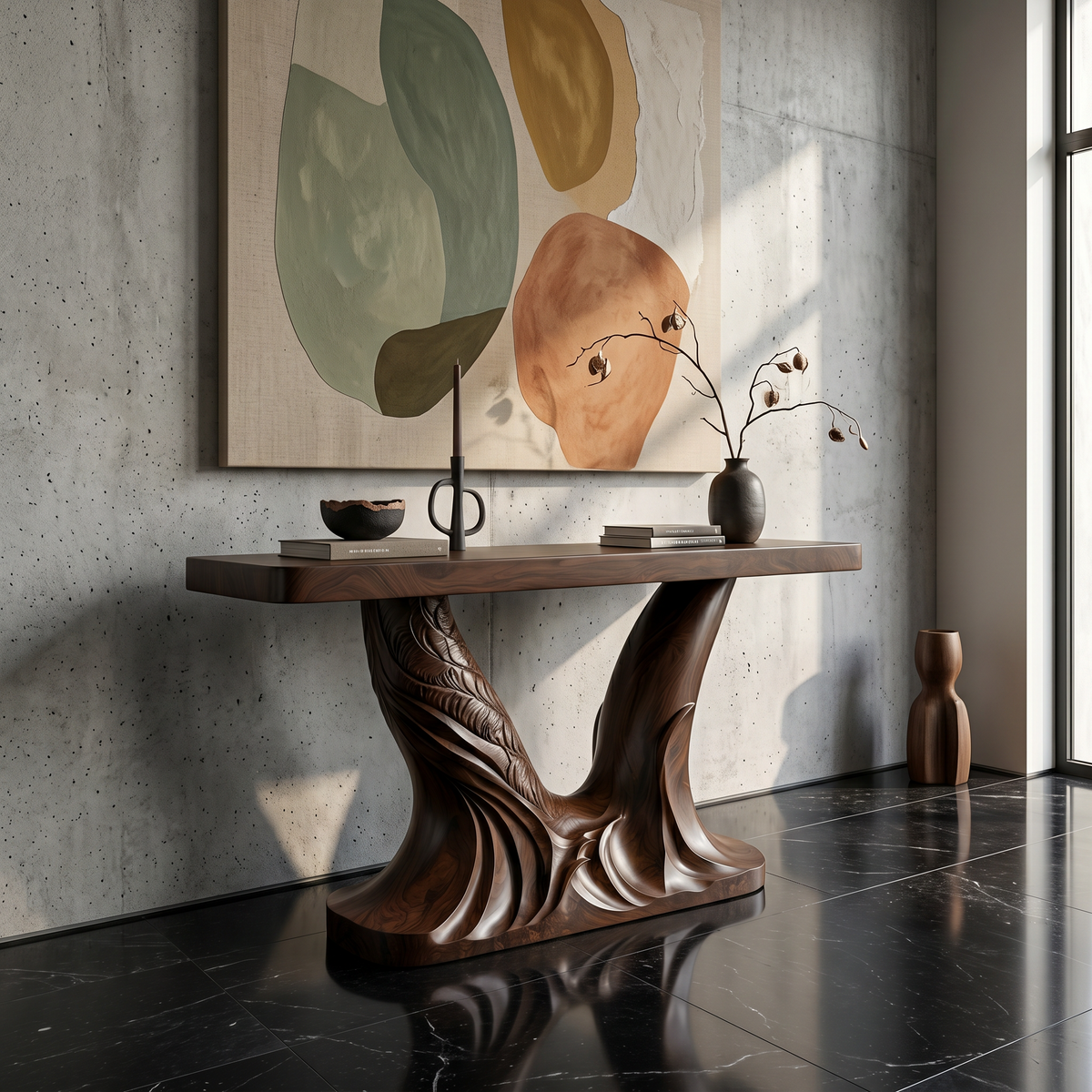 Organic Console Table With Sculptural Double Pedestal Base For Entryway - view 3 of 8