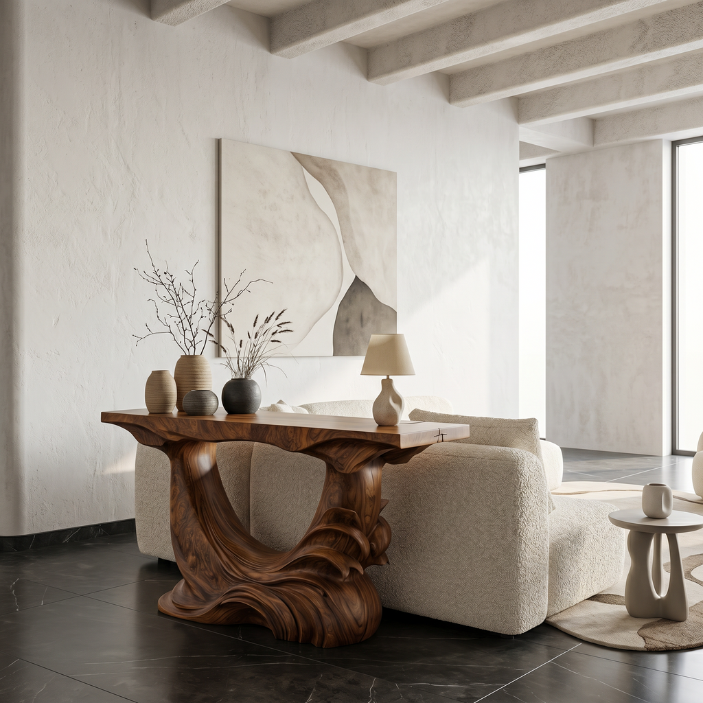 Natural Console Table With Flowing Wood Sculpture For Hallway - view 3 of 8