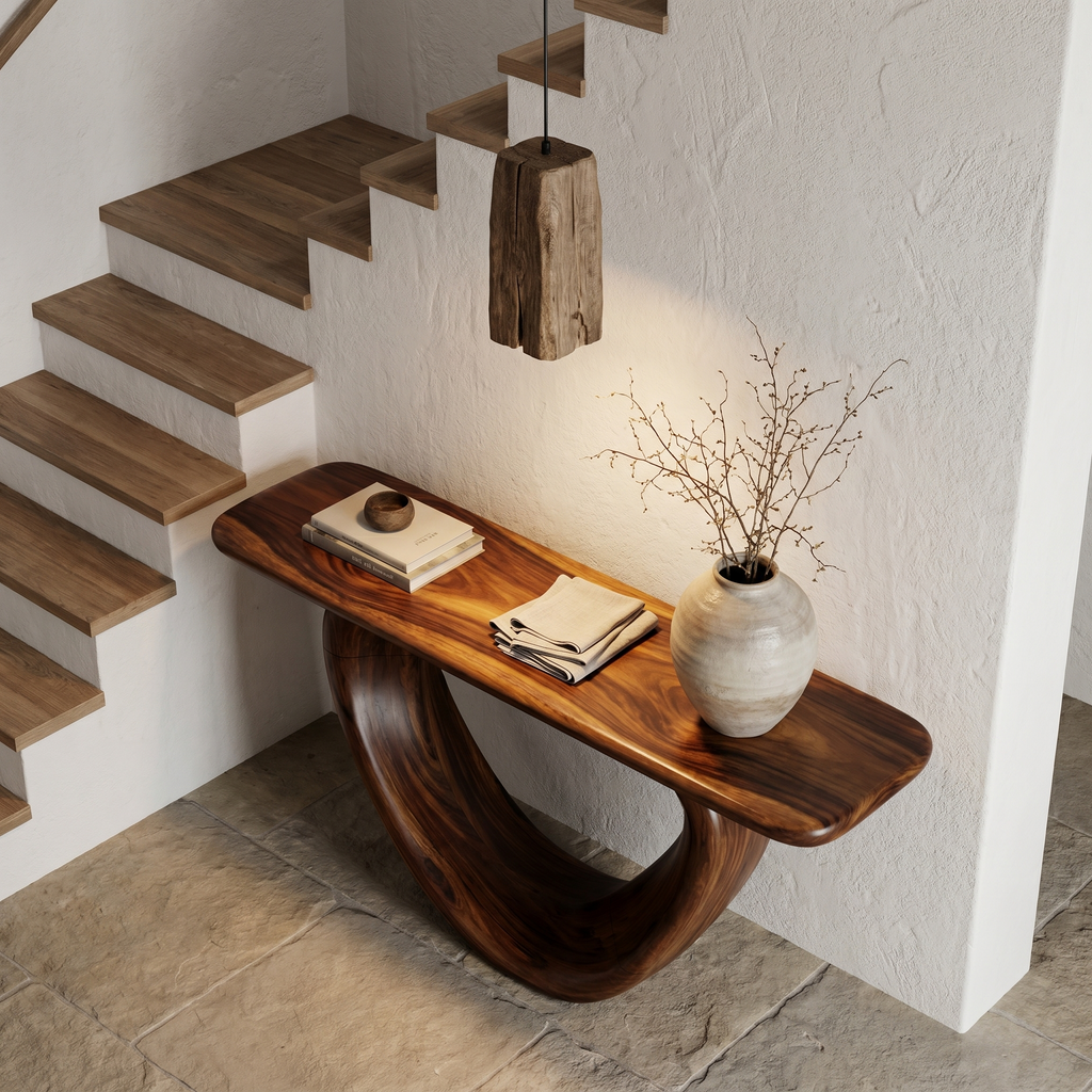 Sculptural Console Table With Loop Shaped Wooden Base Live Edge Console Table With Unique Sculptural Base Design - view 2 of 8