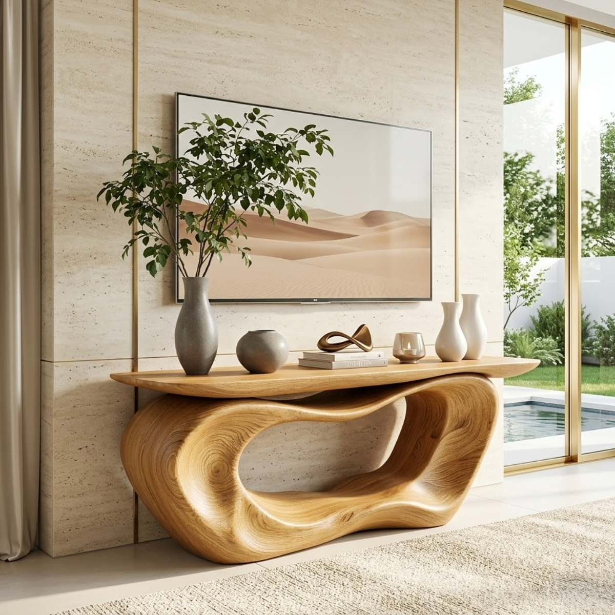 Solid Wood Console Table with Sculpted Base, Modern Minimalist Design - view 1 of 7