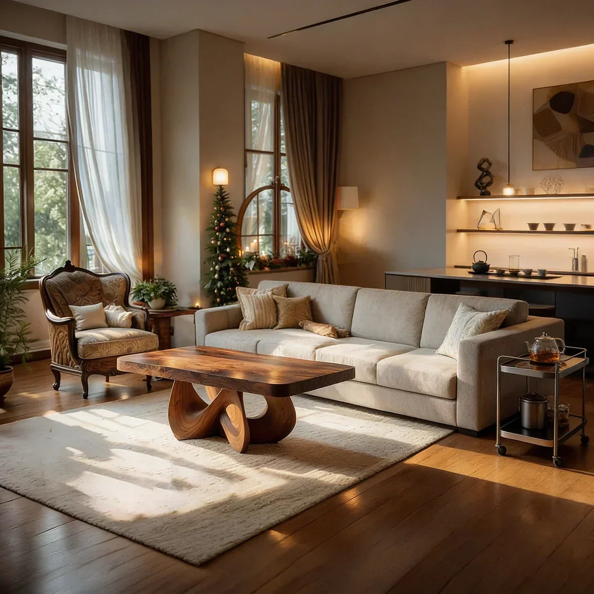 Square Natural Wood Coffee Table with Interwoven Sculptural Base - view 5 of 8
