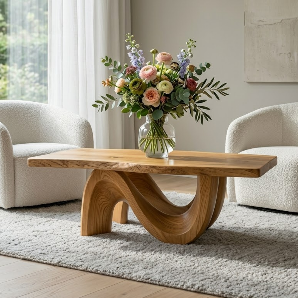 Solid Wood Coffee Table for Modern Living Room with Sculptural Curved Base - view 1 of 9