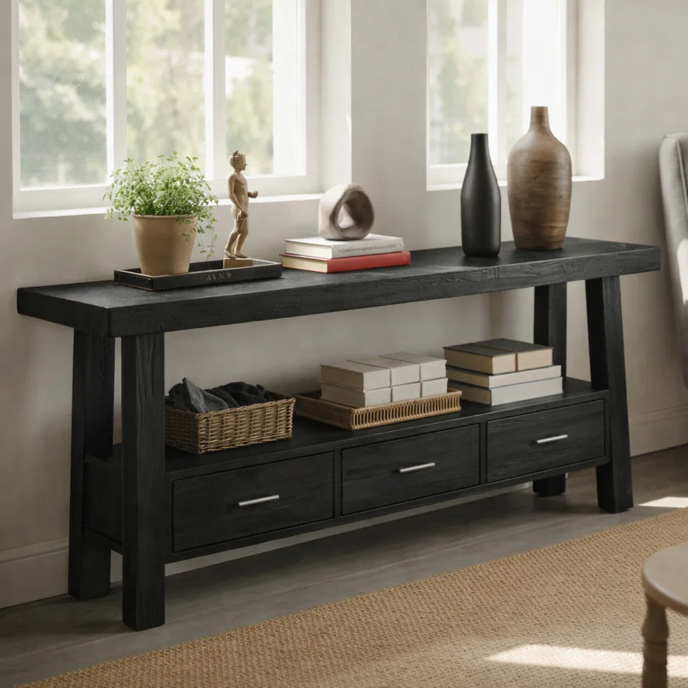 Solid Wood Console Table for Living Room with 3 Drawers and Open Shelf - view 5 of 9