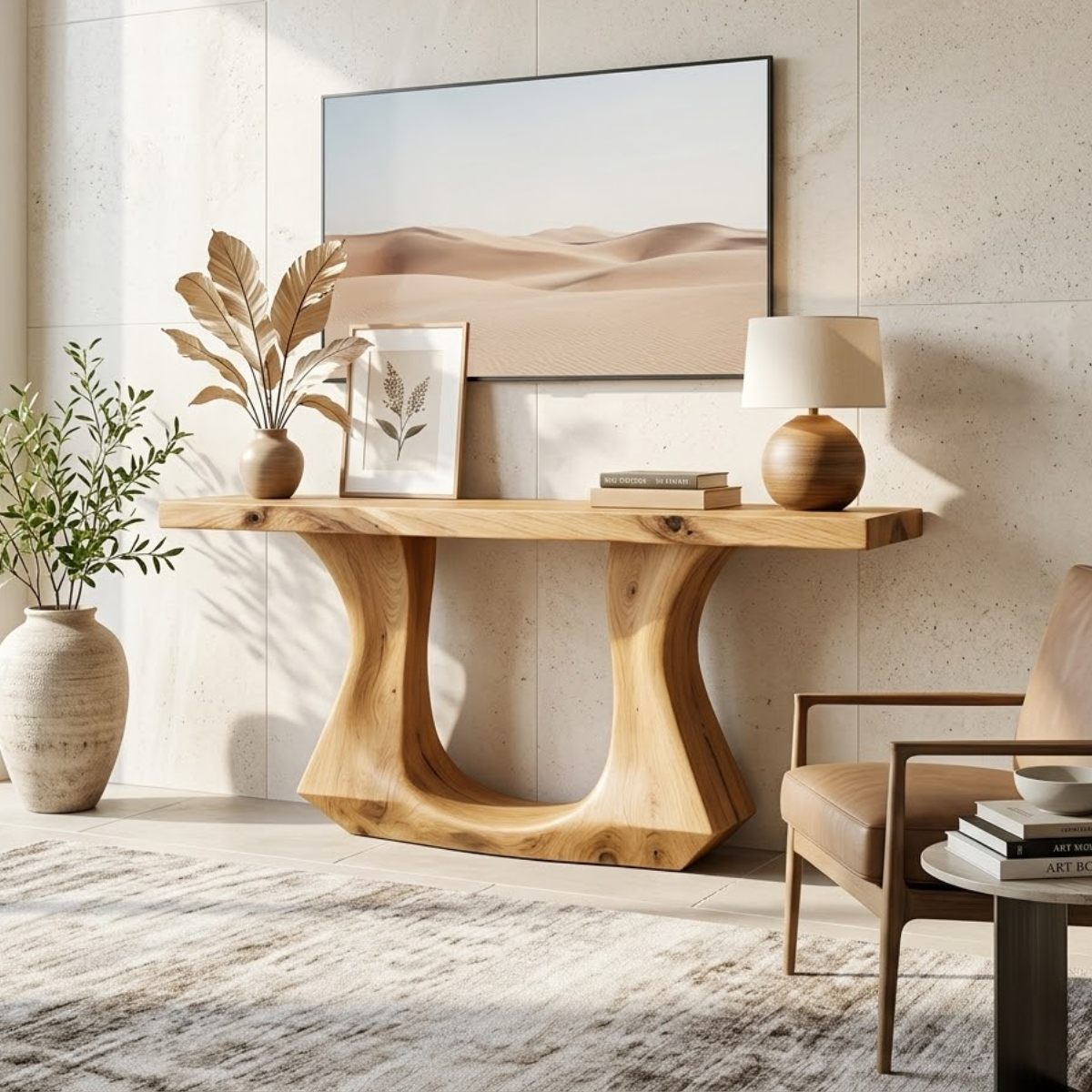 Solid Wood Console Table with Sculptural Curved Base, Modern Art Design - view 1 of 7