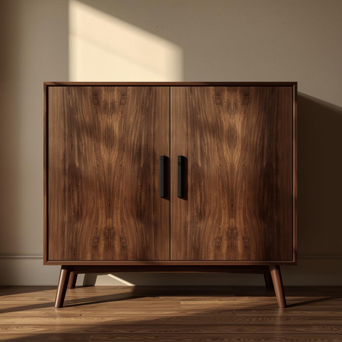 Sleek Walnut Console Cabinet -  Mid-Century Modern Design with Black Handles - view 2 of 7