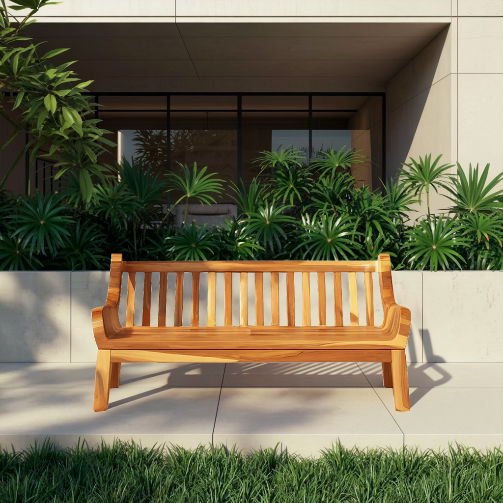 Contemporary Outdoor Wooden Bench With Curved Armrests For Garden Or Porch - view 6 of 8