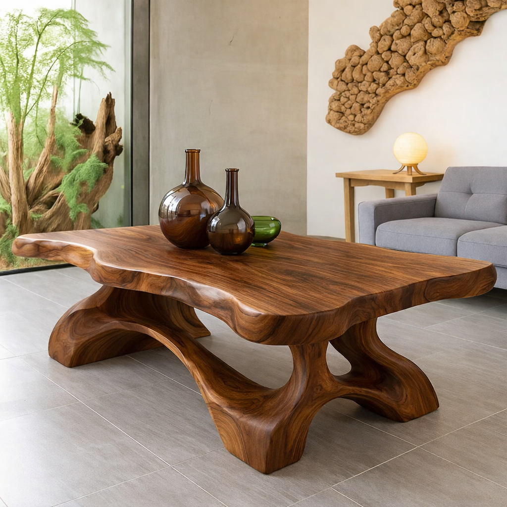 Solid Wood Coffee Table Live Edge Modern Sculptural Base Natural Wood - view 2 of 7