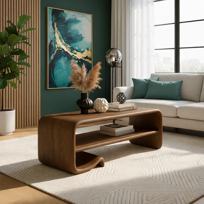 Solid Wood Coffee Table with Shelf – Modern Curved Wooden Coffee Table for Living Room - view 4 of 9