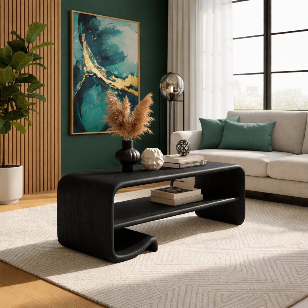 Solid Wood Coffee Table with Shelf – Modern Curved Wooden Coffee Table for Living Room - view 6 of 9