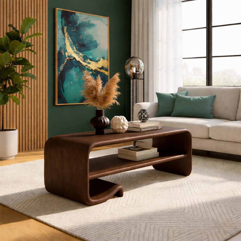 Solid Wood Coffee Table with Shelf – Modern Curved Wooden Coffee Table for Living Room - view 1 of 9