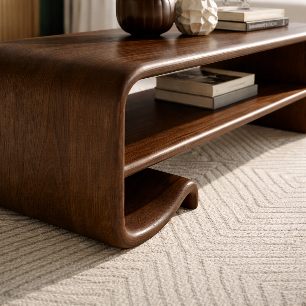 Solid Wood Coffee Table with Shelf – Modern Curved Wooden Coffee Table for Living Room - view 3 of 9