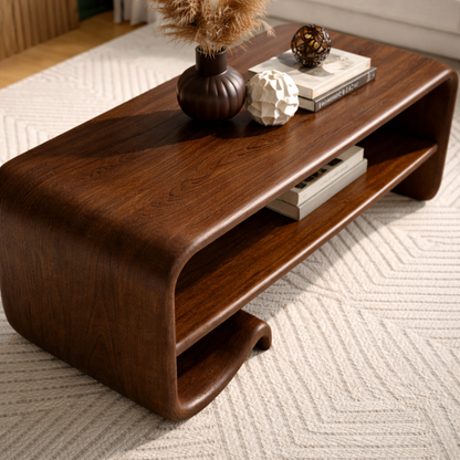 Solid Wood Coffee Table with Shelf – Modern Curved Wooden Coffee Table for Living Room - view 2 of 9