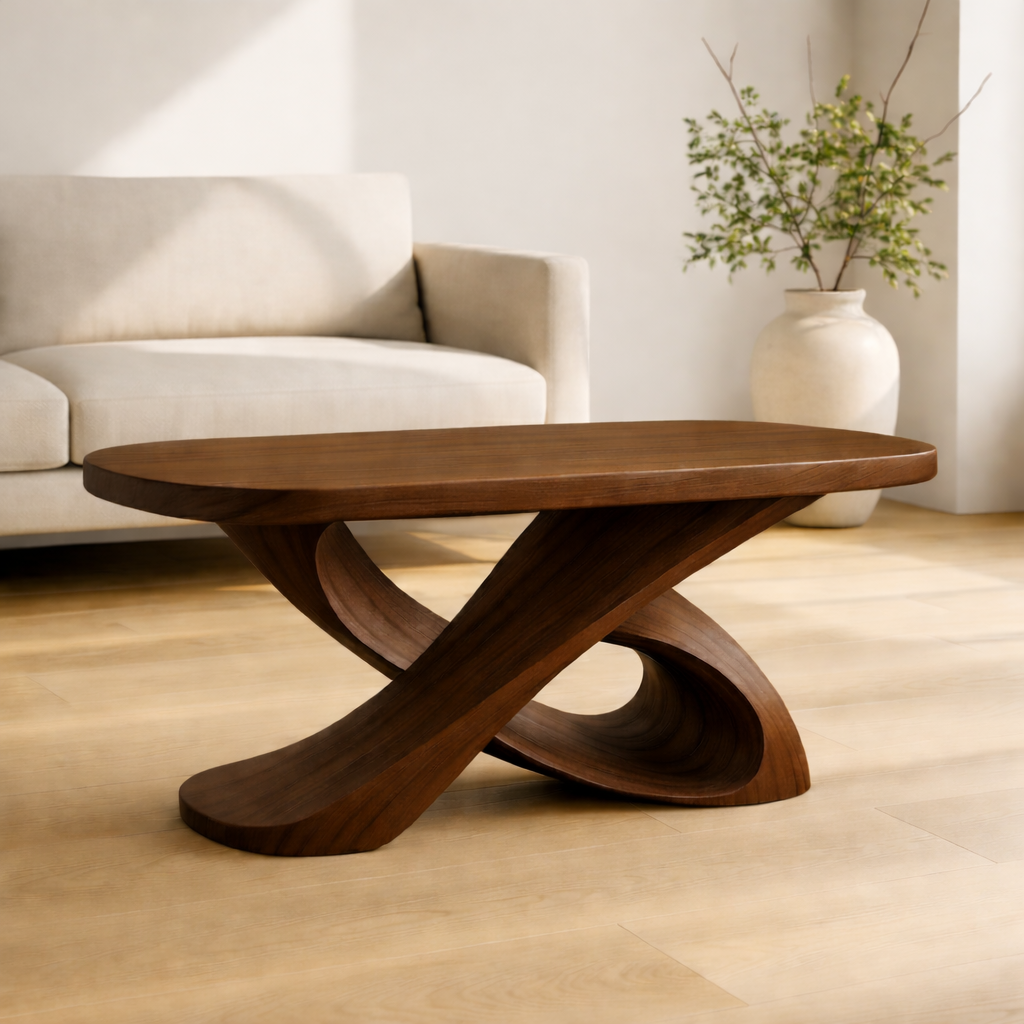 Modern Solid Wood Coffee Table with Sculptural Curved Base – Handmade Living Room Table - view 6 of 10