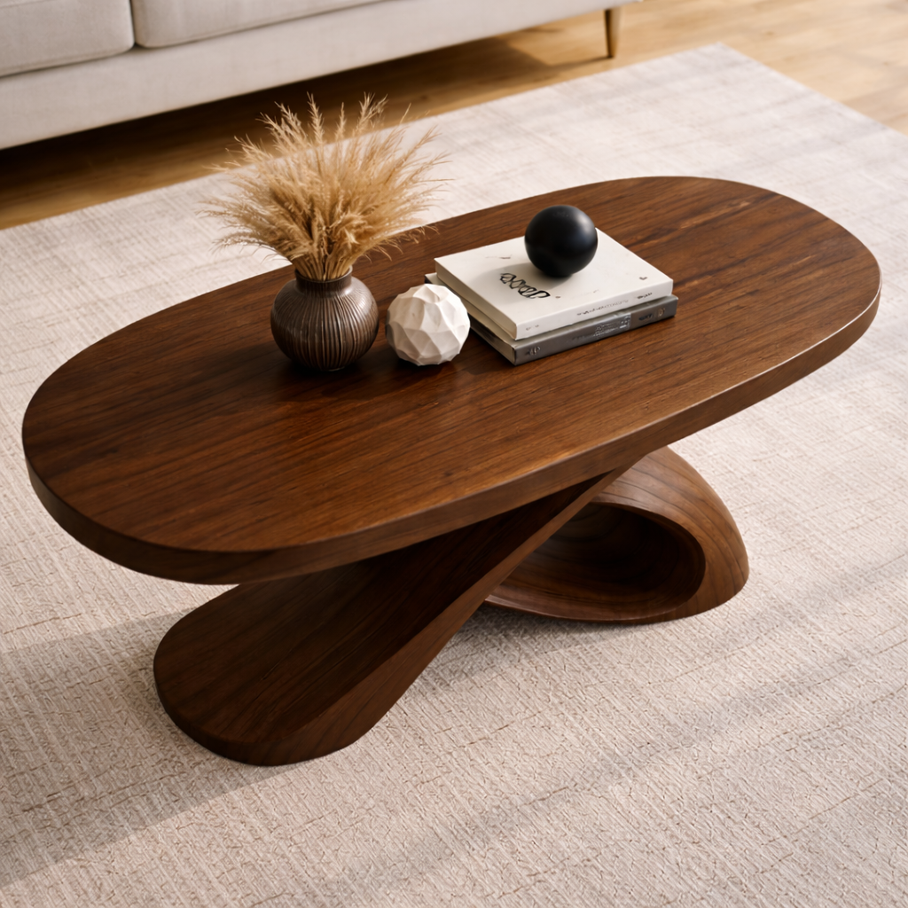 Modern Solid Wood Coffee Table with Sculptural Curved Base – Handmade Living Room Table - view 2 of 10