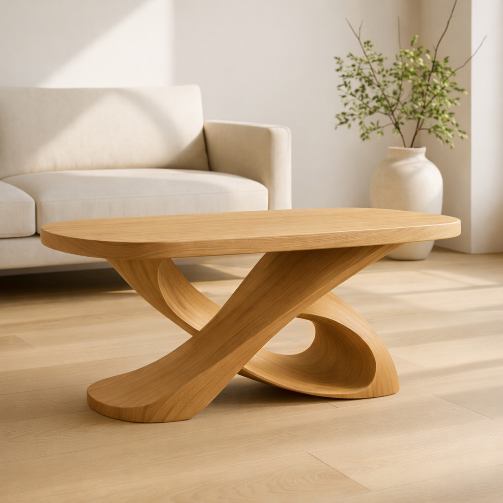 Modern Solid Wood Coffee Table with Sculptural Curved Base – Handmade Living Room Table - view 7 of 10