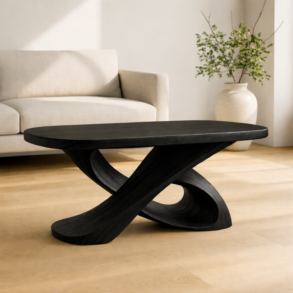 Modern Solid Wood Coffee Table with Sculptural Curved Base – Handmade Living Room Table - view 5 of 10