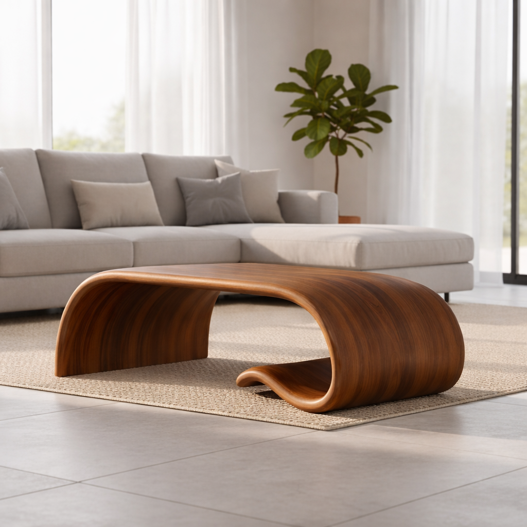Solid Wood Sculptural Coffee Table with Curved Wave Base – Modern Organic Coffee Table - view 2 of 11