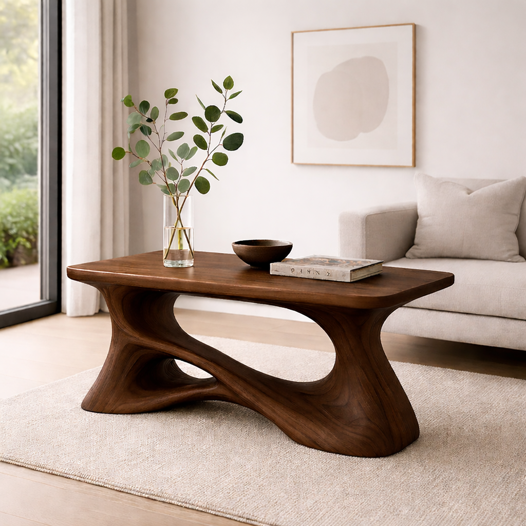Solid Wood Sculptural Coffee Table with Organic Curved Base – Modern Rustic Coffee Table - view 6 of 13