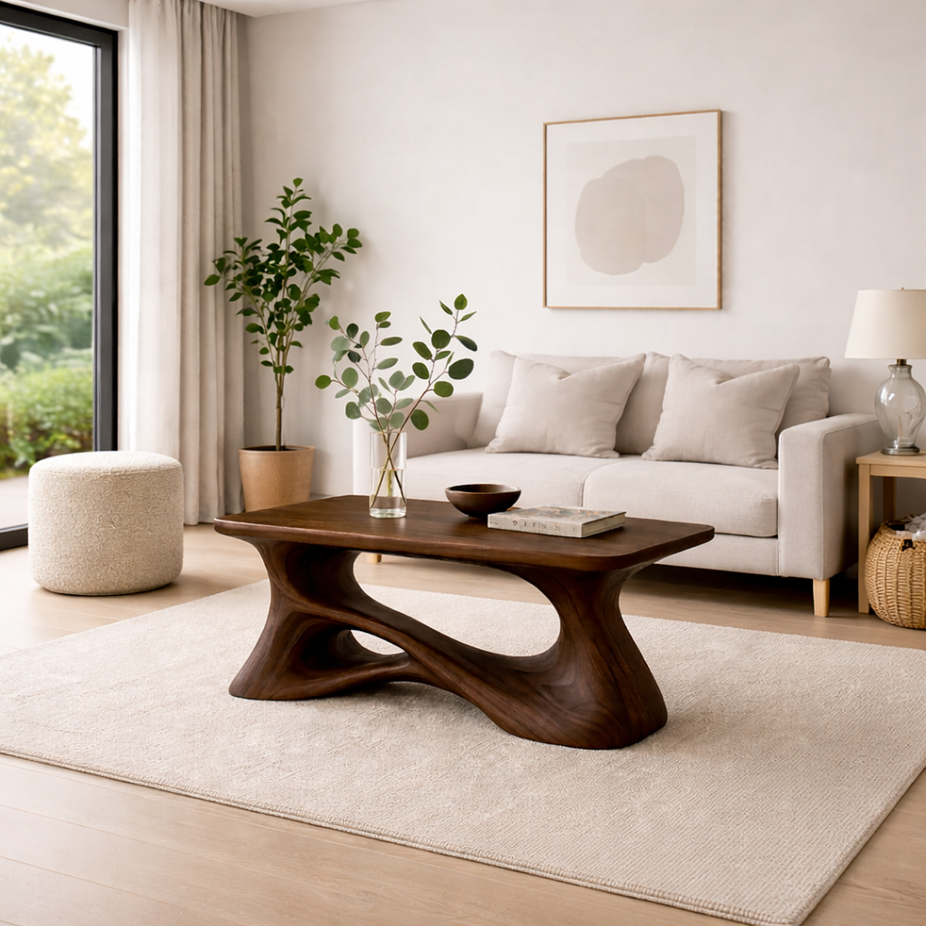 Solid Wood Sculptural Coffee Table with Organic Curved Base – Modern Rustic Coffee Table - view 1 of 13