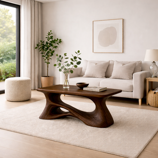 Solid Wood Sculptural Coffee Table with Organic Curved Base – Modern Rustic Coffee Table - view 1 of 13