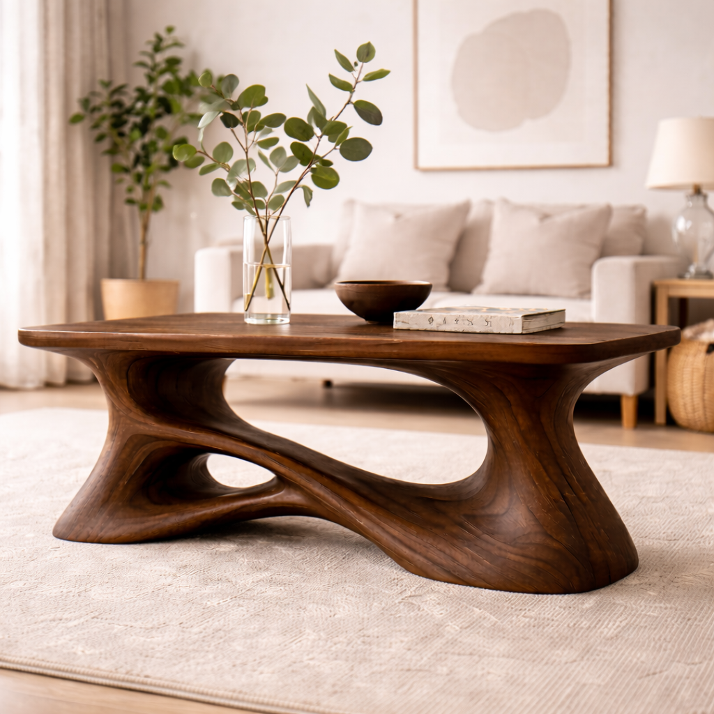 Solid Wood Sculptural Coffee Table with Organic Curved Base – Modern Rustic Coffee Table - view 9 of 13