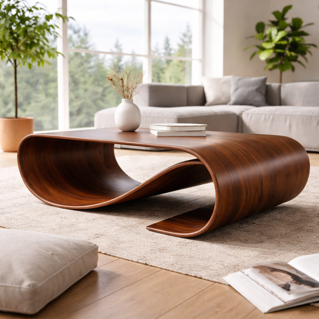 Solid Wood Sculptural Coffee Table with Curved Loop Base – Modern Organic Coffee Table - view 3 of 10
