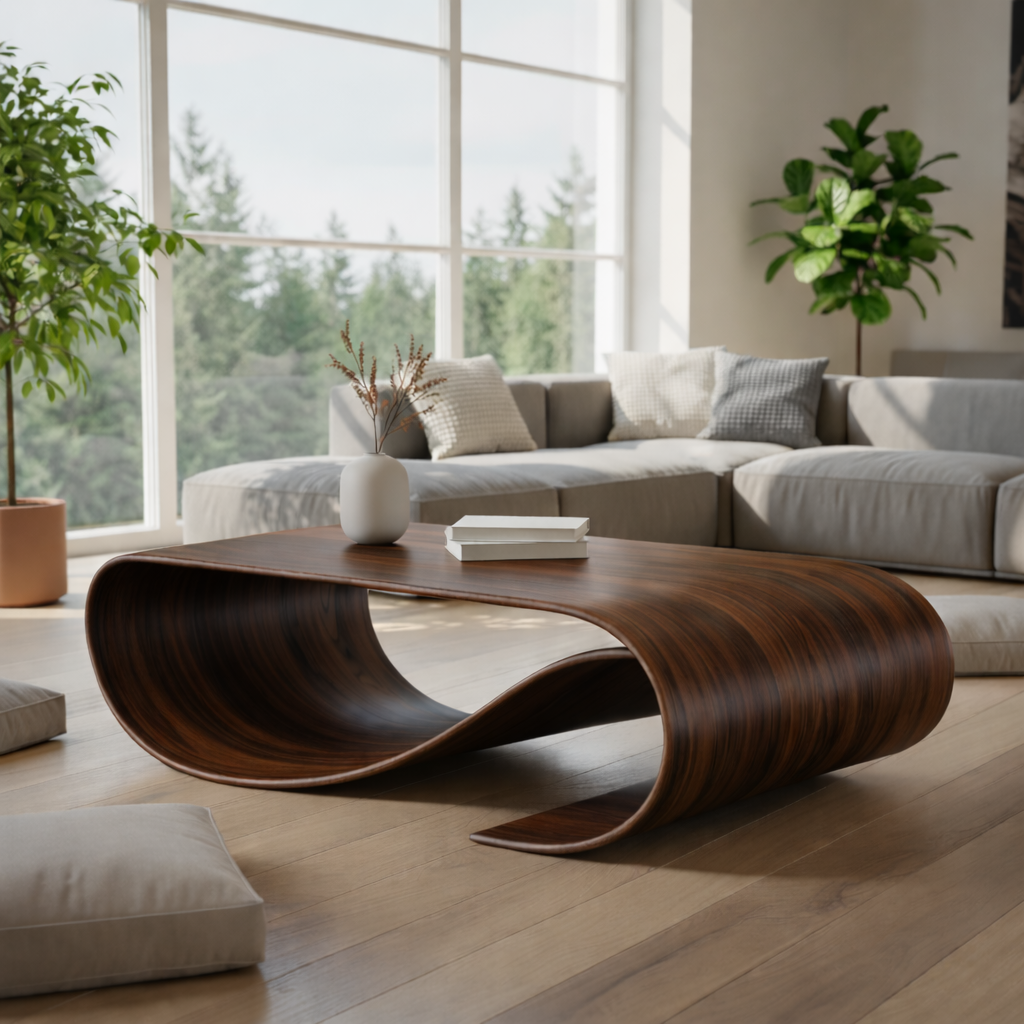 Solid Wood Sculptural Coffee Table with Curved Loop Base – Modern Organic Coffee Table - view 7 of 10
