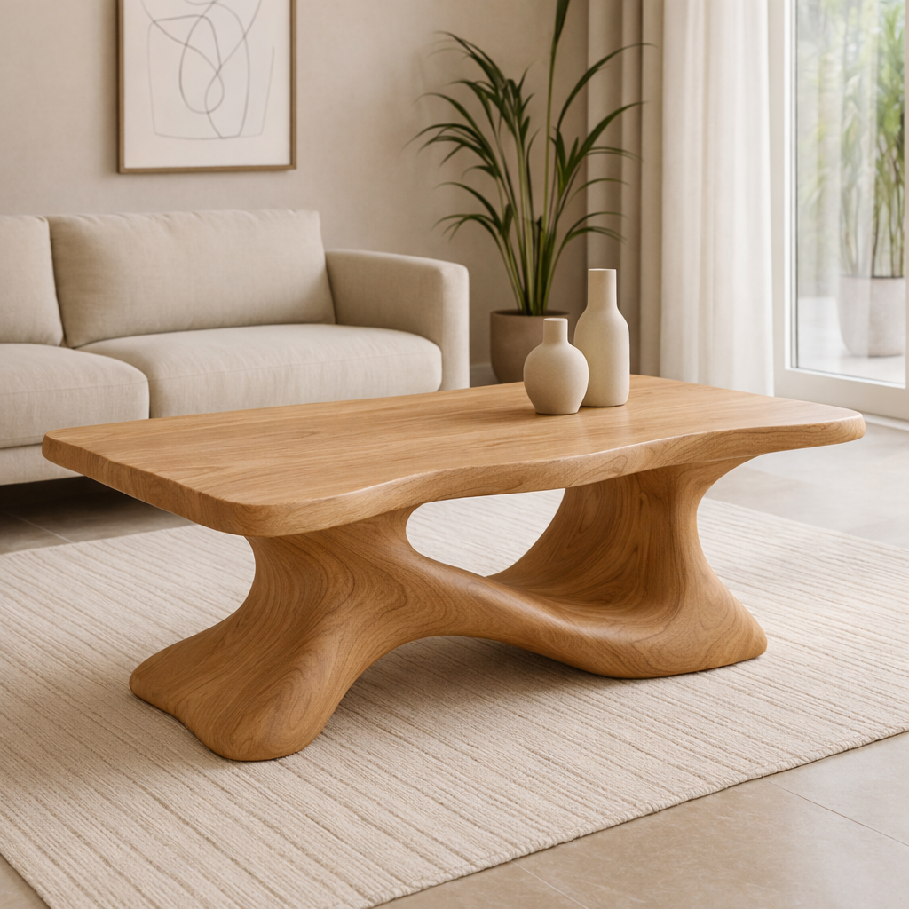 Solid Wood Sculptural Coffee Table with Organic Curved Base – Modern Living Room Table - view 4 of 11
