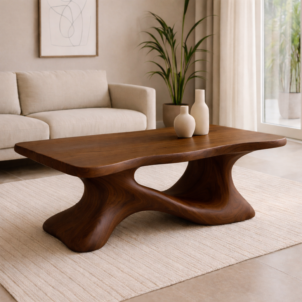 Solid Wood Sculptural Coffee Table with Organic Curved Base – Modern Living Room Table - view 6 of 11