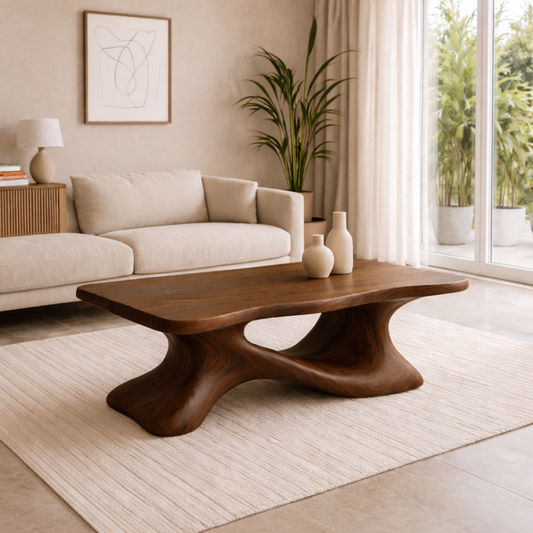 Solid Wood Sculptural Coffee Table with Organic Curved Base – Modern Living Room Table - view 1 of 11