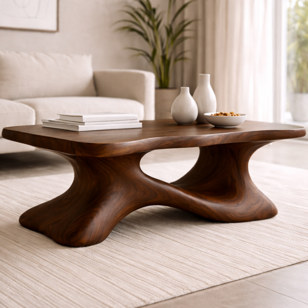 Solid Wood Sculptural Coffee Table with Organic Curved Base – Modern Living Room Table - view 8 of 11