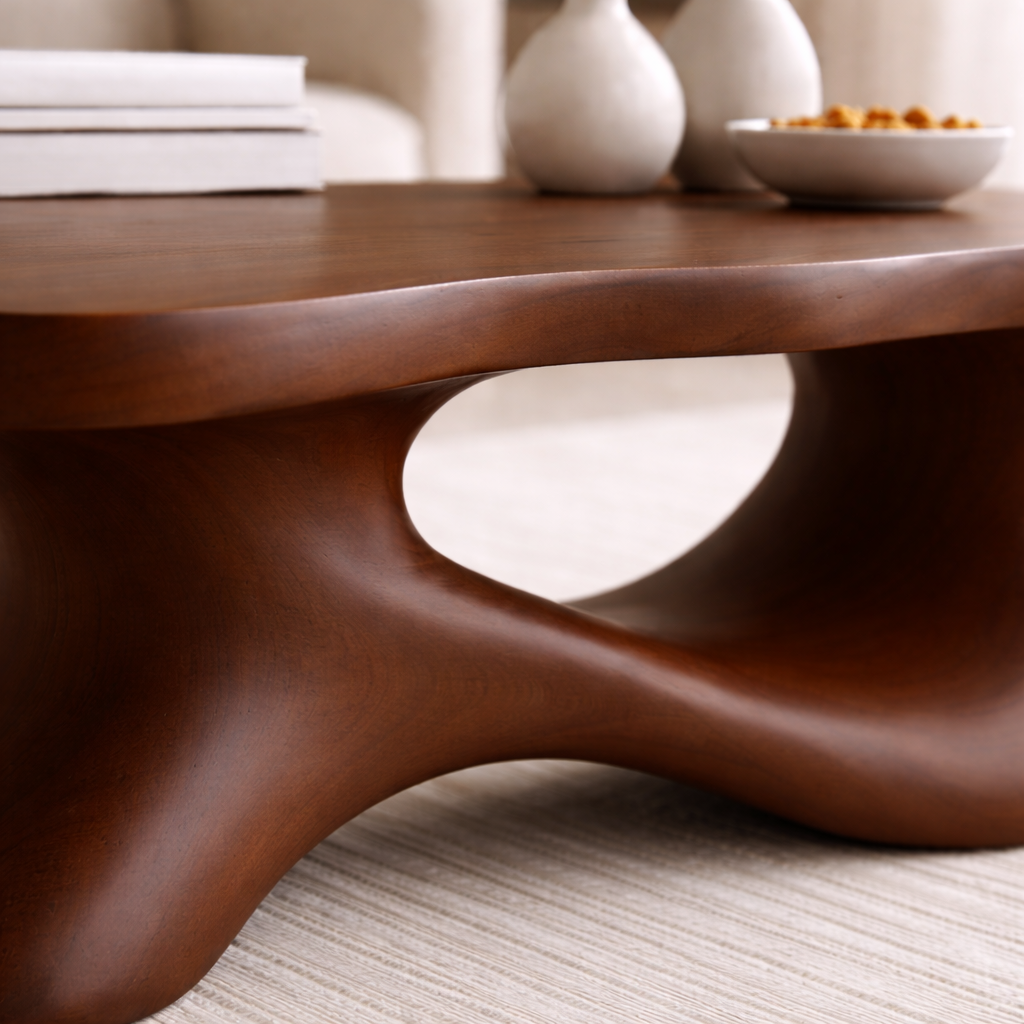 Solid Wood Sculptural Coffee Table with Organic Curved Base – Modern Living Room Table - view 2 of 11