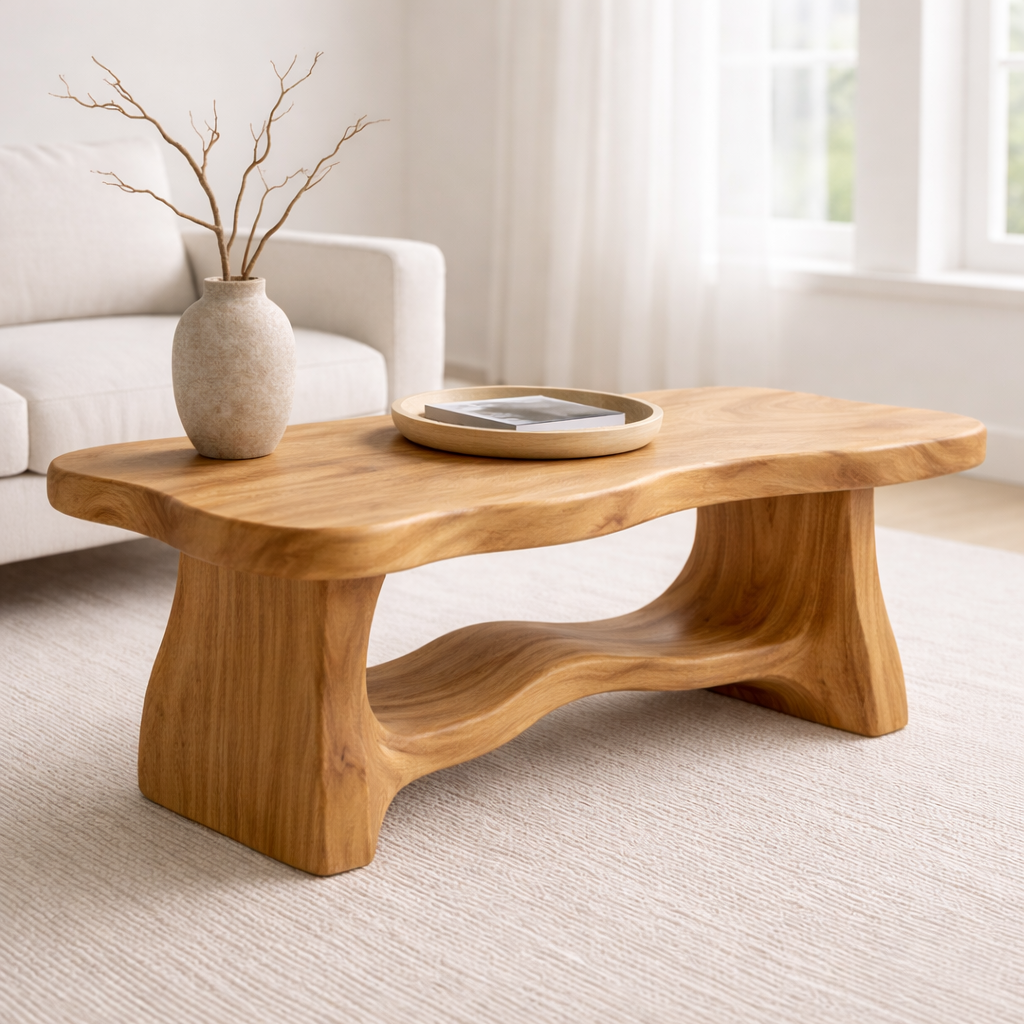 Solid Wood Coffee Table with Organic Curved Base – Rustic Modern Living Room Table - view 1 of 10