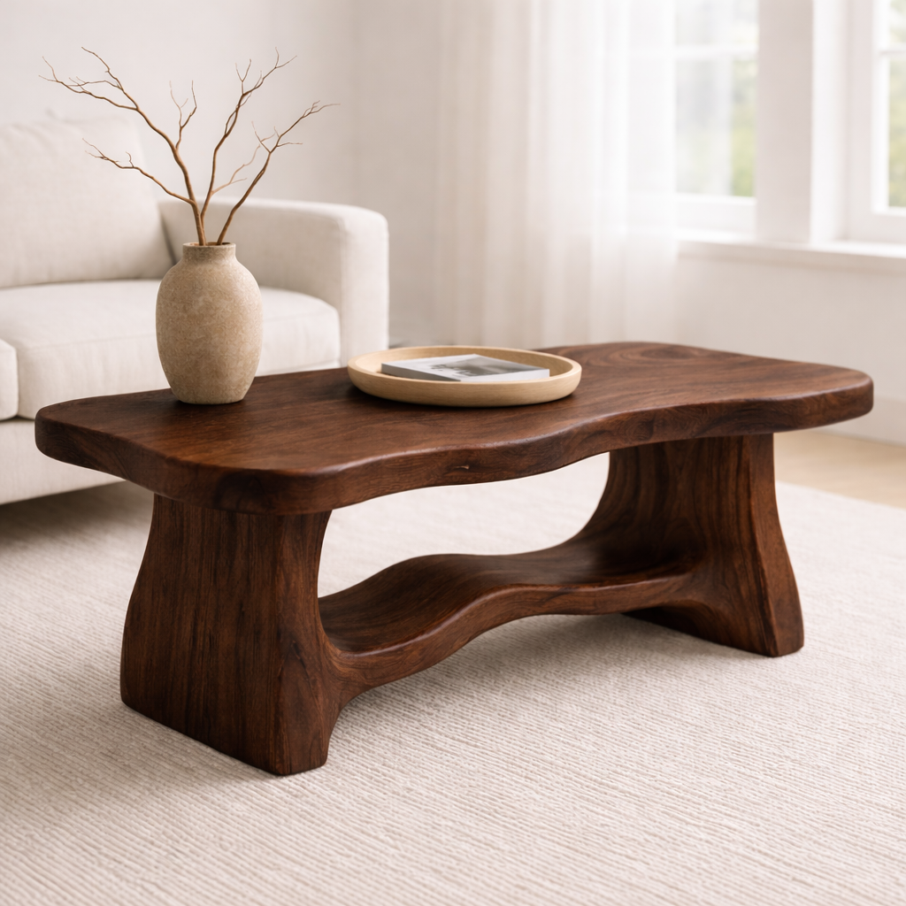 Solid Wood Coffee Table with Organic Curved Base – Rustic Modern Living Room Table - view 3 of 10