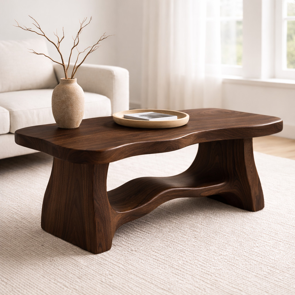 Solid Wood Coffee Table with Organic Curved Base – Rustic Modern Living Room Table - view 2 of 10