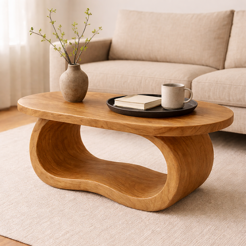 Curved Solid Wood Coffee Table – Sculptural Modern Living Room Center Table - view 1 of 8