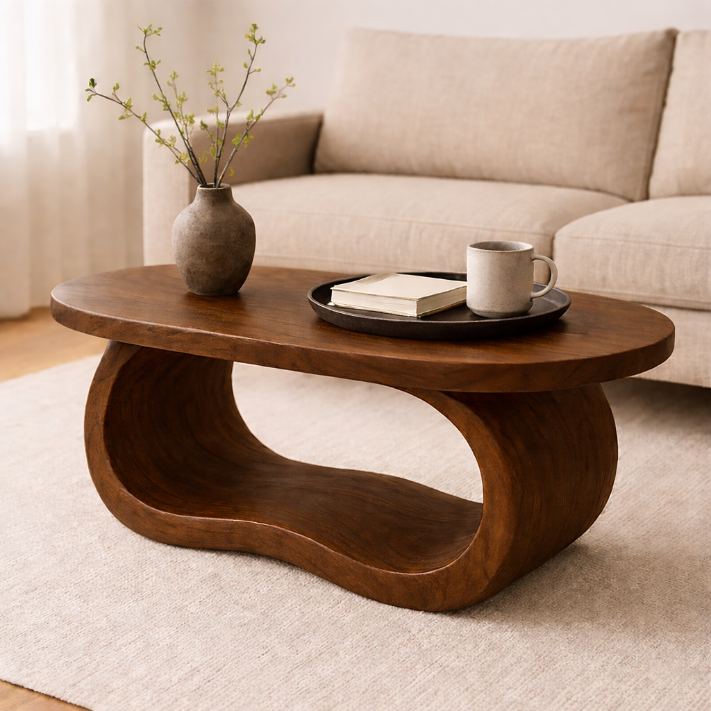 Curved Solid Wood Coffee Table – Sculptural Modern Living Room Center Table - view 5 of 8