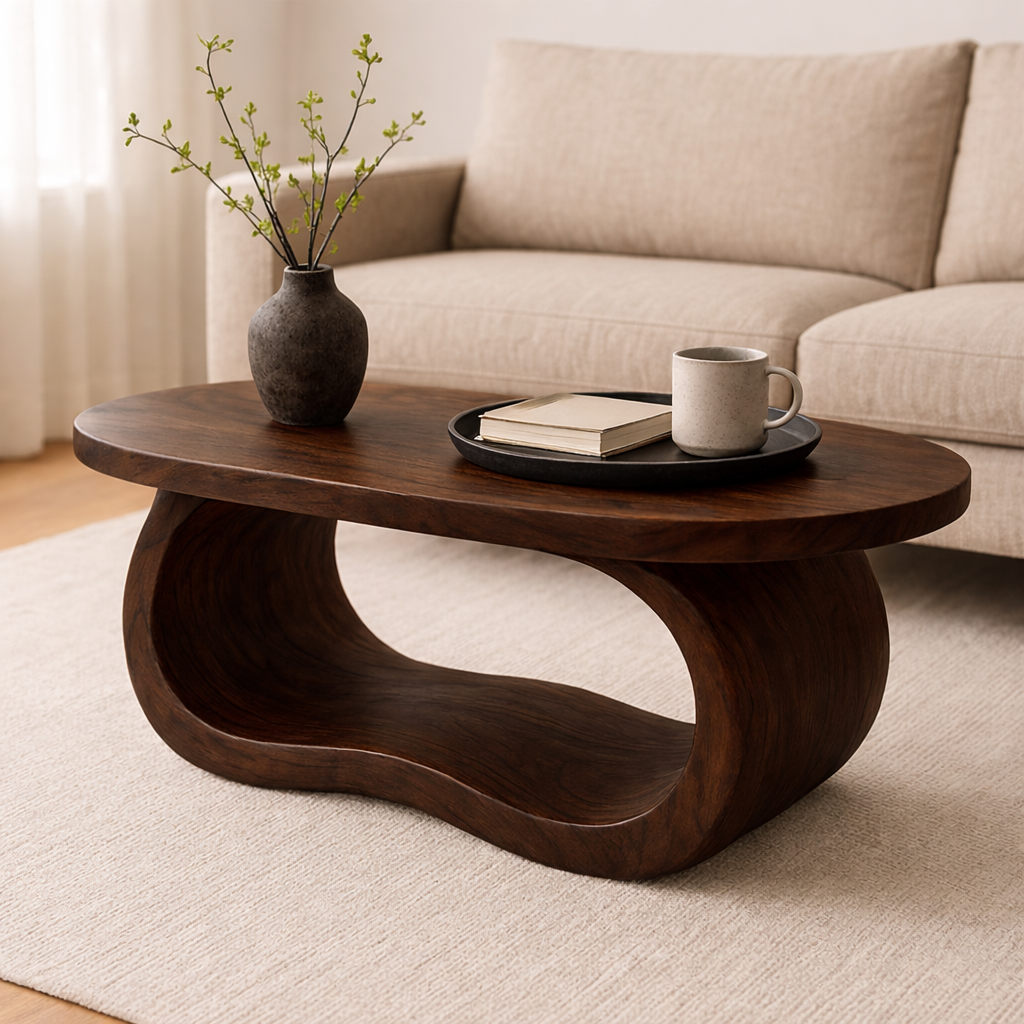 Curved Solid Wood Coffee Table – Sculptural Modern Living Room Center Table - view 3 of 8
