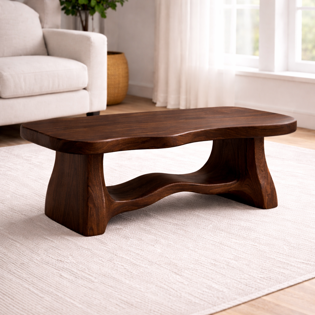 Solid Wood Coffee Table with Organic Curved Base – Rustic Modern Living Room Table - view 6 of 10