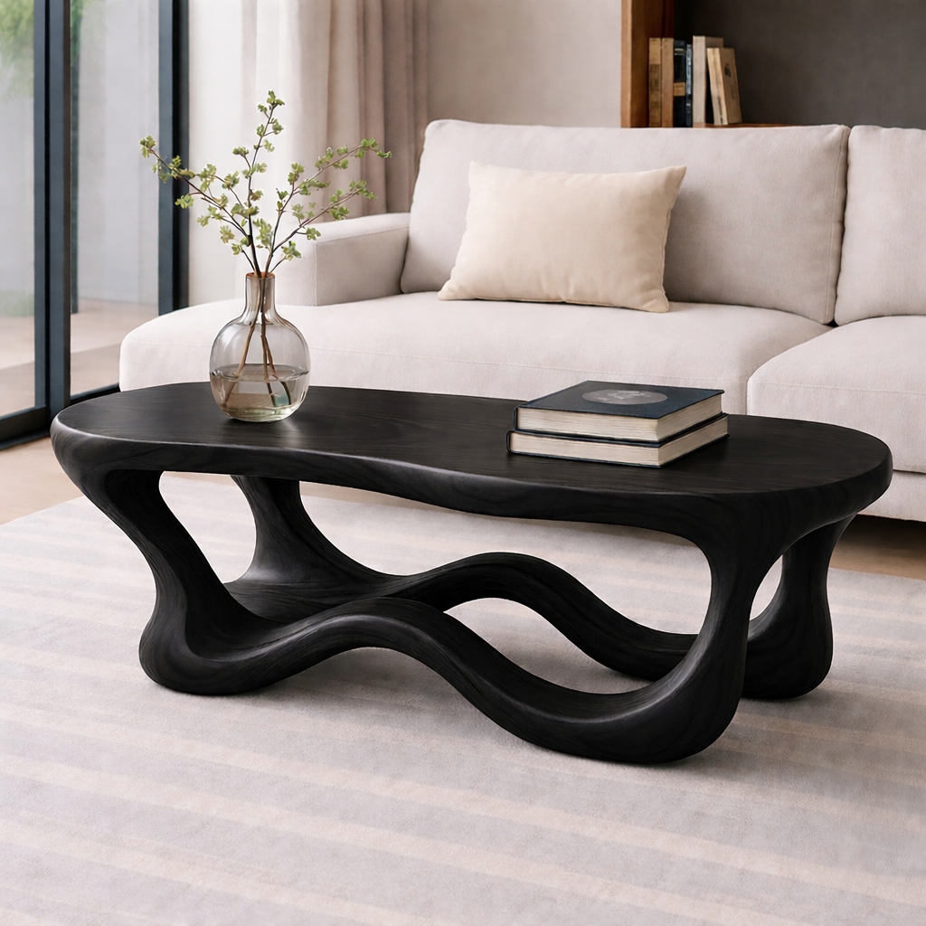Solid Wood Sculptural Coffee Table with Organic Wave Base – Modern Living Room Table - view 4 of 8
