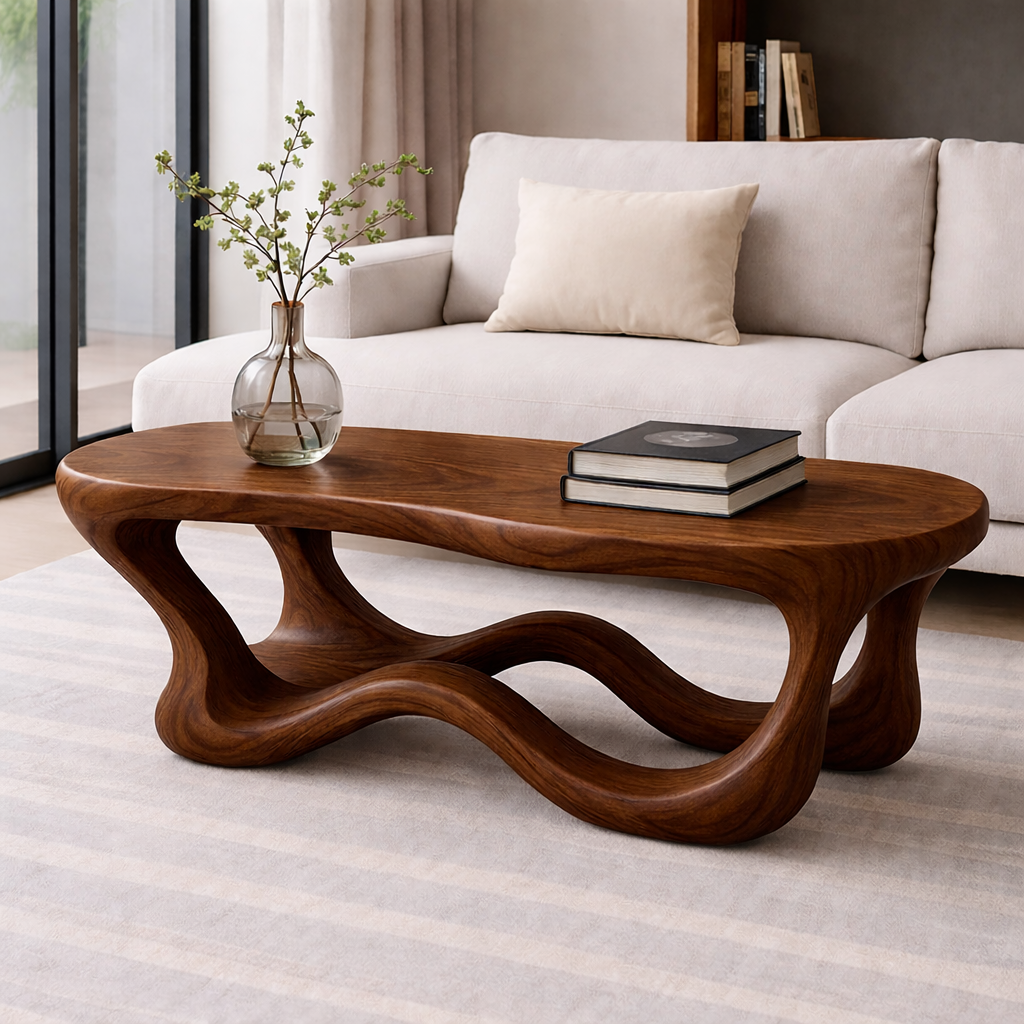 Solid Wood Sculptural Coffee Table with Organic Wave Base – Modern Living Room Table - view 3 of 8