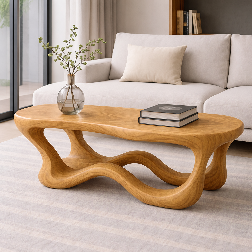 Solid Wood Sculptural Coffee Table with Organic Wave Base – Modern Living Room Table - view 5 of 8
